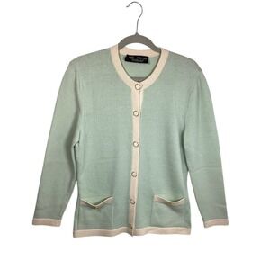 St. John Collection Medium Mint Green Ivory Knit Cardigan Gold Button Preppy